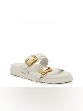 Steve Madden Women’s Off White Slide Summer  Sandals with Gold Buckle Accents